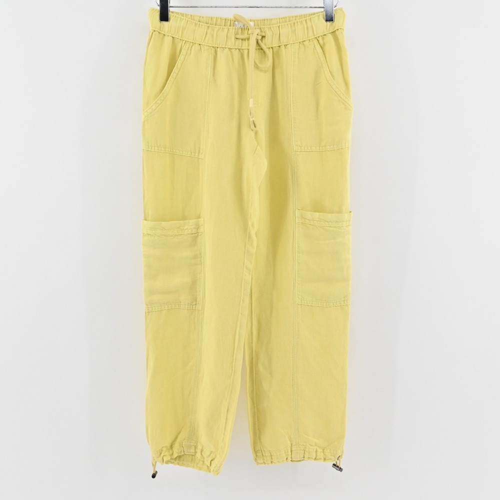 Nicole Miller Womens Yellow Cargo Pants Size XS Linen Blend Crop Cinch Hem - Picture 1 of 11